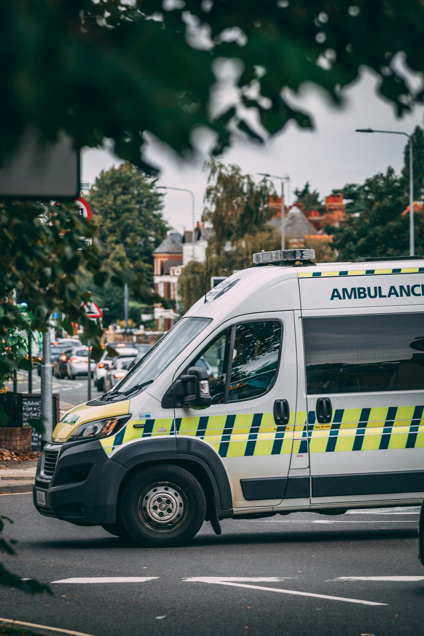 An ambulance parked on the street